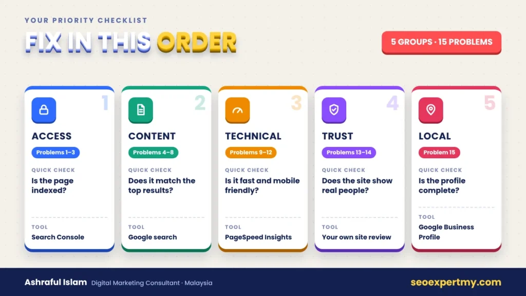 Checklist showing the order to fix a website not ranking on Google: access, content, technical, trust and local SEO problems